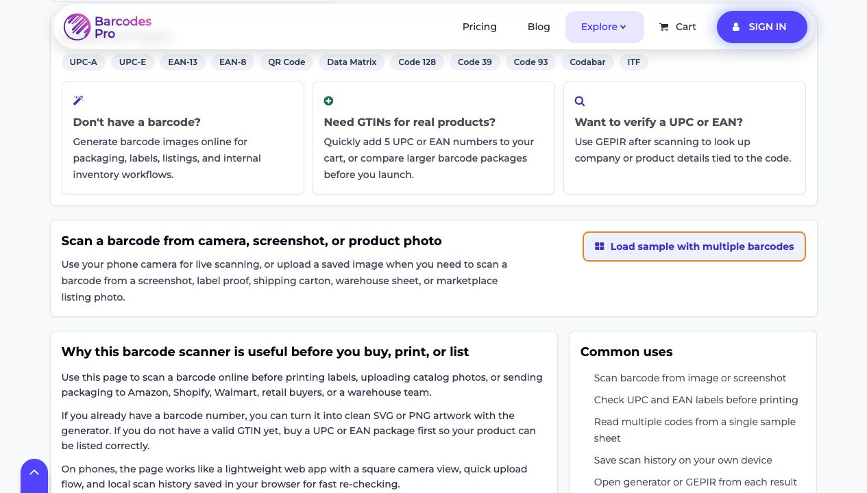 Barcodes Pro scanner page showing use cases and the option to load a sample with multiple barcodes