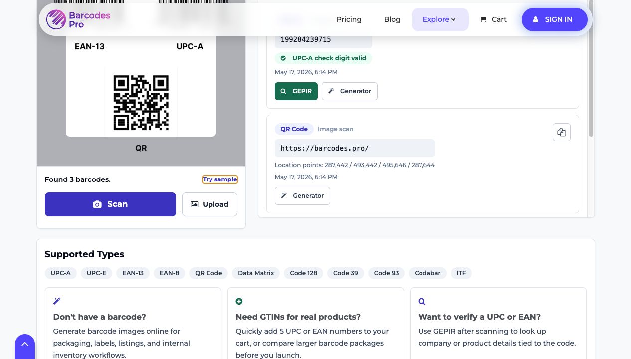 Barcodes Pro scanner results showing decoded sample barcodes and quick actions